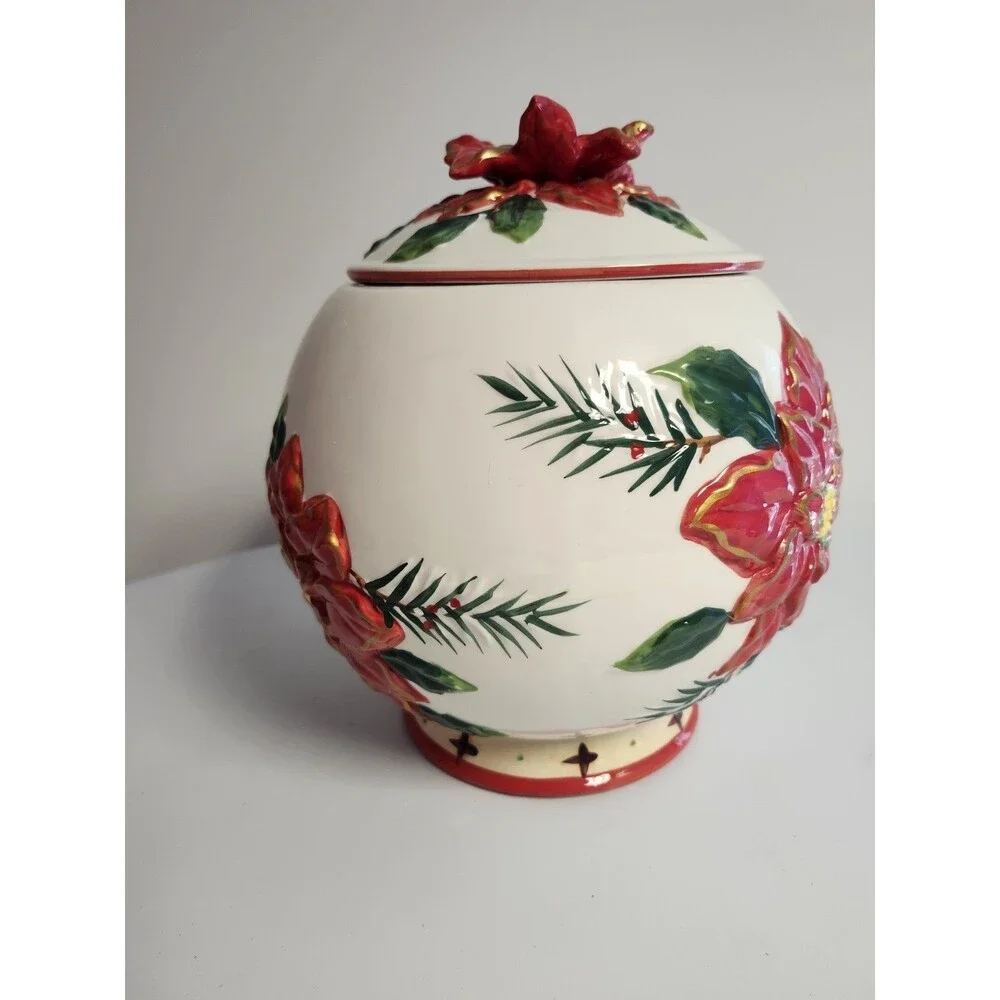 Vintage BICO Christmas 3D POINSETTIA Centerpiece COOKIE JAR 9